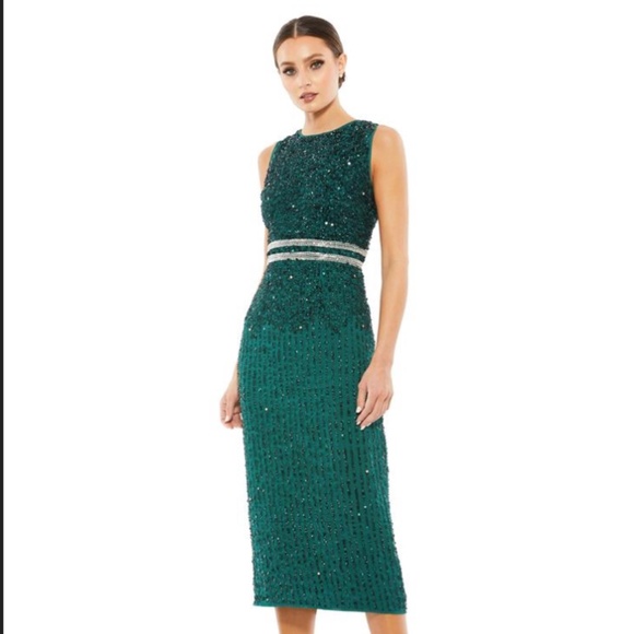 MAC DUGGAL 10509 Sleeveless High Neck Beaded Midi Sheath Dress Green 12 NEW - Picture 1 of 6